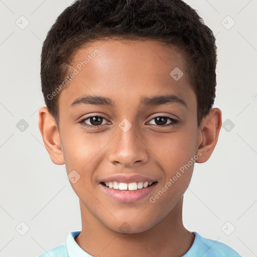 Joyful white child male with short  brown hair and brown eyes