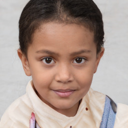 Joyful white child female with short  brown hair and brown eyes