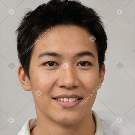 Joyful asian young-adult male with short  brown hair and brown eyes