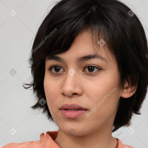 Neutral white young-adult female with medium  brown hair and brown eyes