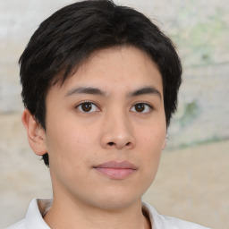 Neutral asian young-adult male with short  brown hair and brown eyes