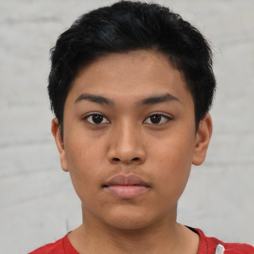 Neutral asian young-adult male with short  black hair and brown eyes