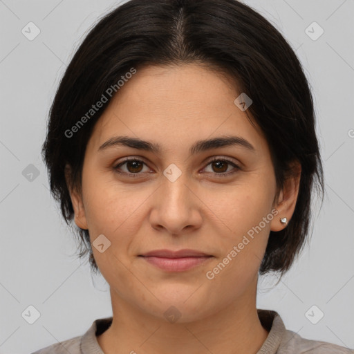 Joyful white young-adult female with medium  brown hair and brown eyes