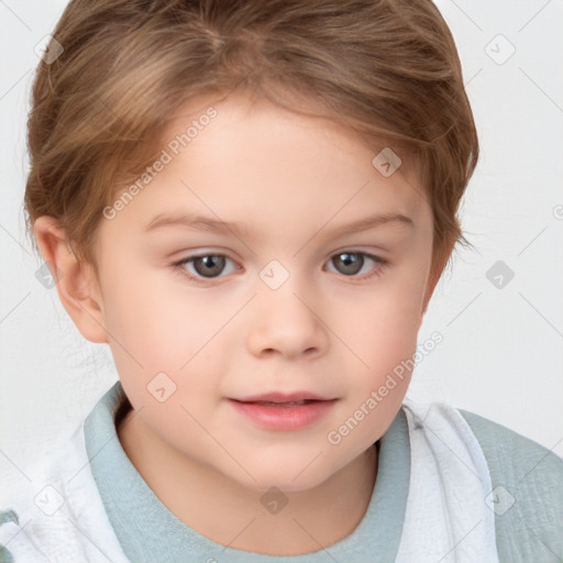 Joyful white child female with short  brown hair and brown eyes