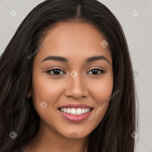 Joyful latino young-adult female with long  brown hair and brown eyes