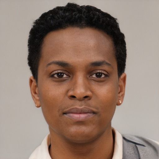 Neutral black young-adult male with short  black hair and brown eyes