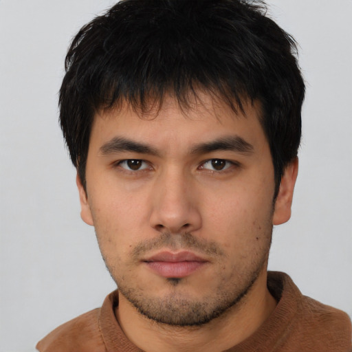 Neutral asian young-adult male with short  brown hair and brown eyes