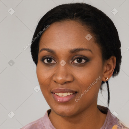 Joyful black young-adult female with medium  black hair and brown eyes