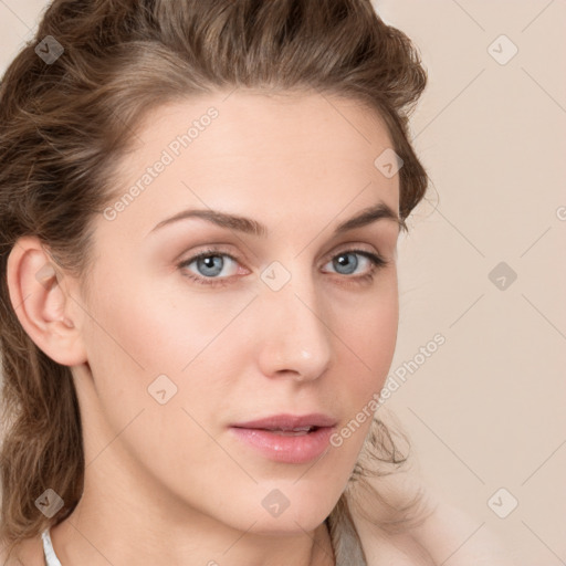 Neutral white young-adult female with medium  brown hair and grey eyes