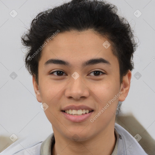 Joyful latino young-adult male with short  brown hair and brown eyes