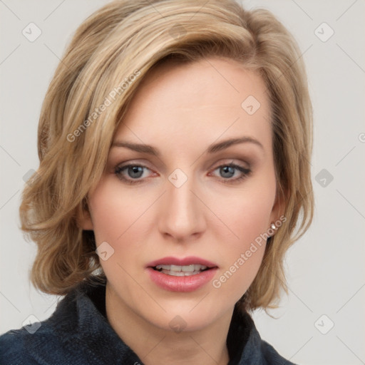 Joyful white young-adult female with medium  brown hair and blue eyes