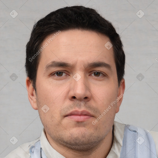 Neutral white adult male with short  brown hair and brown eyes