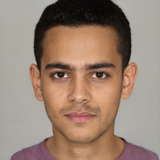 Neutral white young-adult male with short  black hair and brown eyes