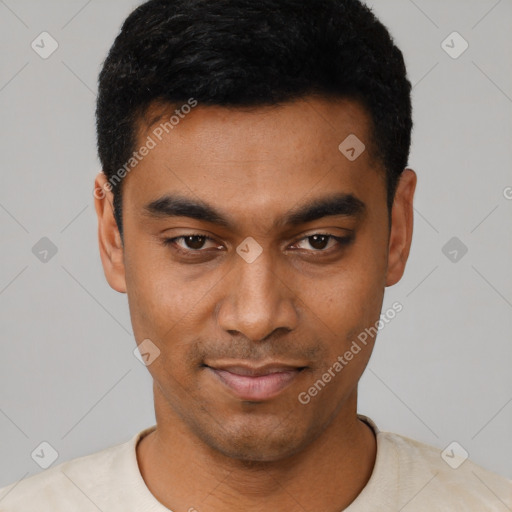 Neutral latino young-adult male with short  black hair and brown eyes