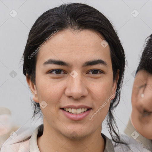 Joyful asian young-adult female with medium  brown hair and brown eyes