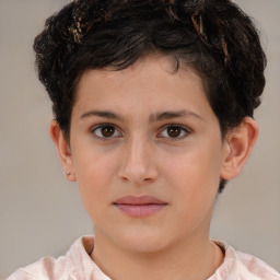 Joyful white child female with short  brown hair and brown eyes