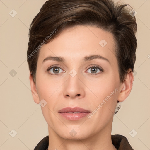 Neutral white young-adult female with short  brown hair and brown eyes