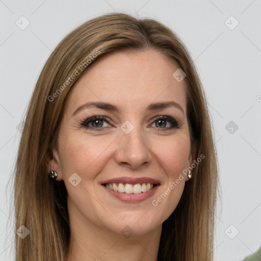 Joyful white young-adult female with long  brown hair and green eyes