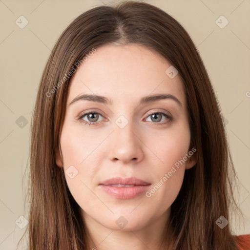 Neutral white young-adult female with long  brown hair and grey eyes