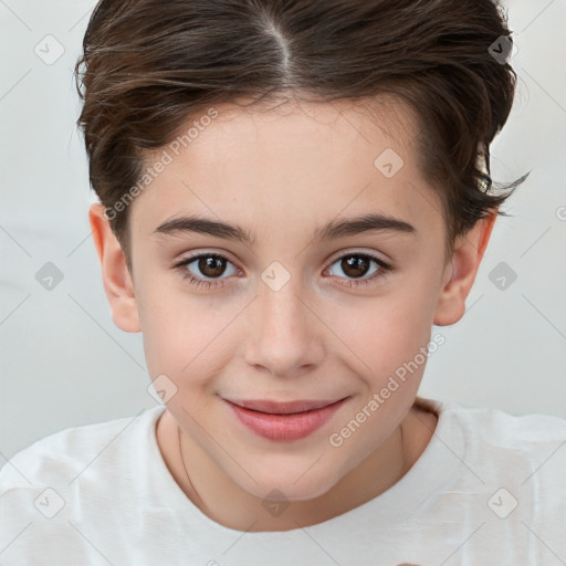 Joyful white child female with short  brown hair and brown eyes