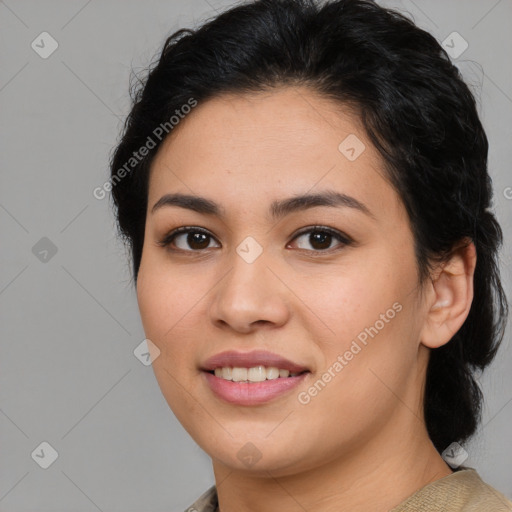 Joyful asian young-adult female with medium  black hair and brown eyes