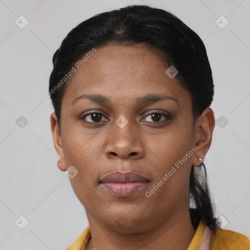 Neutral black young-adult female with short  black hair and brown eyes