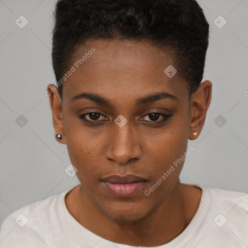 Neutral black young-adult female with short  brown hair and brown eyes