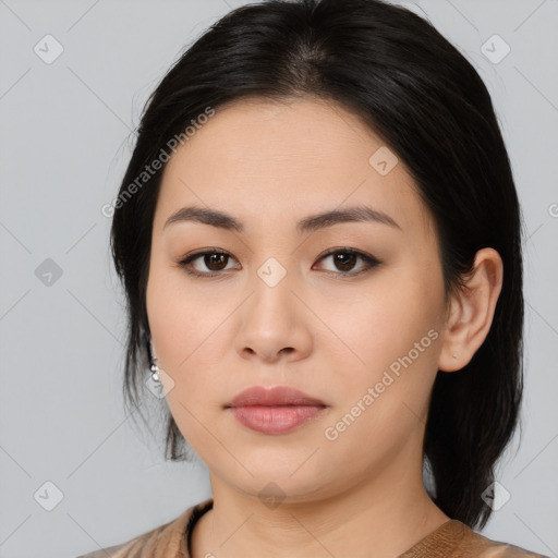 Neutral asian young-adult female with medium  black hair and brown eyes