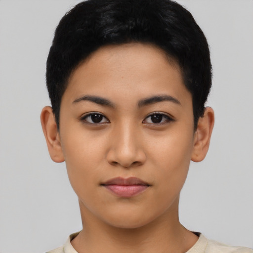 Neutral asian young-adult female with short  black hair and brown eyes