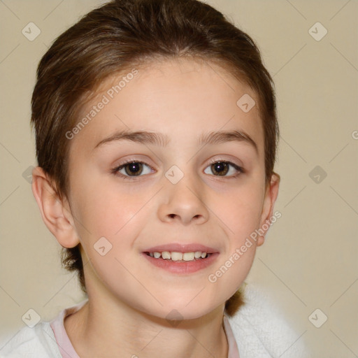 Joyful white child female with medium  brown hair and brown eyes