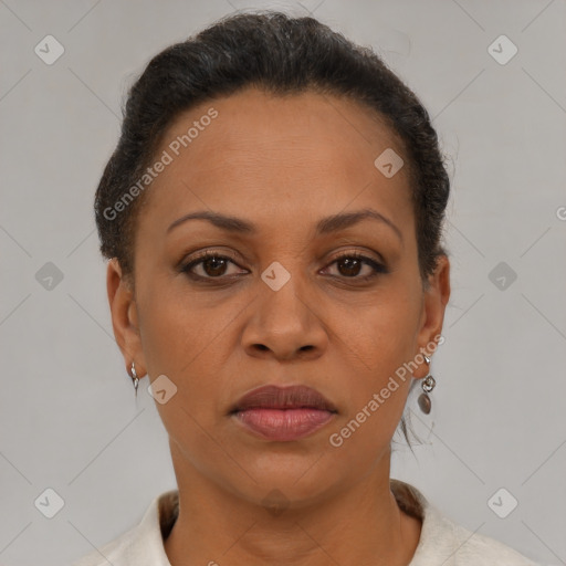 Joyful latino adult female with short  brown hair and brown eyes