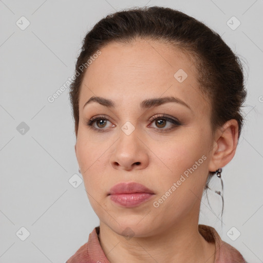 Neutral white young-adult female with short  brown hair and brown eyes