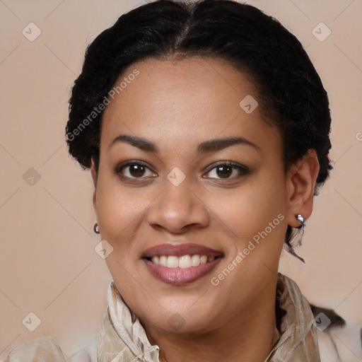 Joyful latino young-adult female with long  brown hair and brown eyes