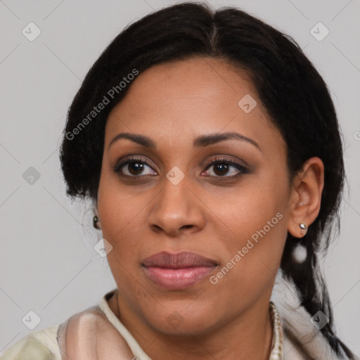 Joyful latino young-adult female with medium  brown hair and brown eyes