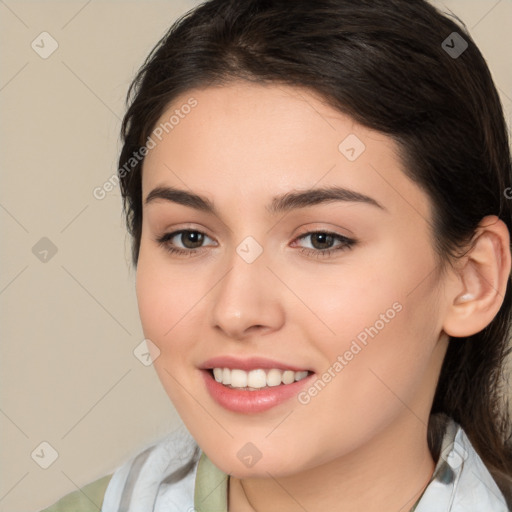 Joyful white young-adult female with medium  brown hair and brown eyes