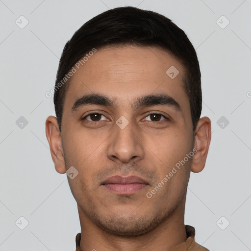 Neutral white young-adult male with short  brown hair and brown eyes
