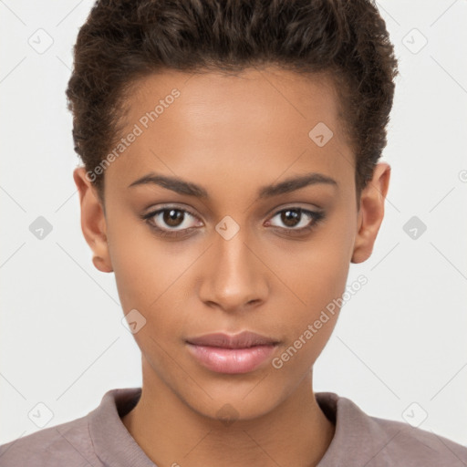 Neutral white young-adult female with short  brown hair and brown eyes