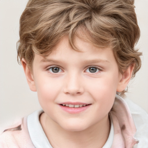 Joyful white child female with short  brown hair and grey eyes