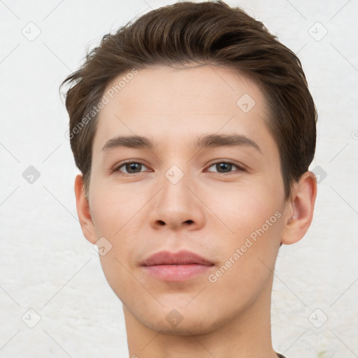 Neutral white young-adult male with short  brown hair and brown eyes