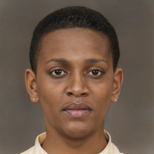 Neutral black young-adult female with short  brown hair and brown eyes