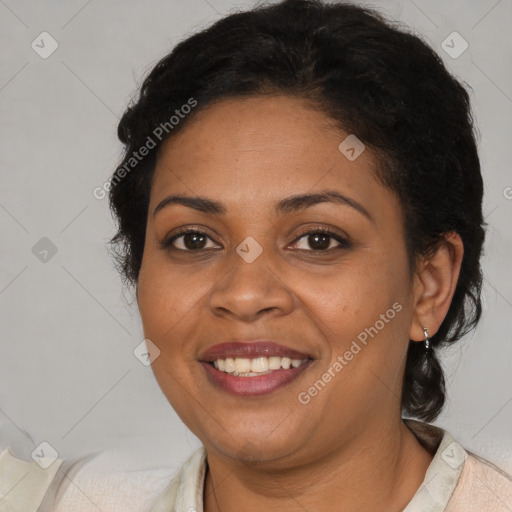 Joyful latino young-adult female with short  brown hair and brown eyes