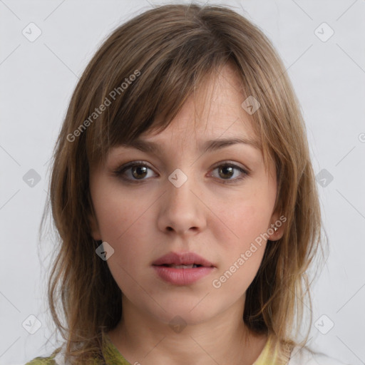 Neutral white young-adult female with medium  brown hair and brown eyes