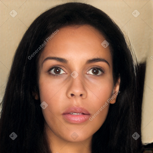 Neutral latino young-adult female with long  black hair and brown eyes