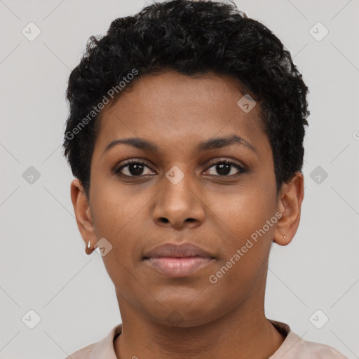 Neutral black young-adult female with short  black hair and brown eyes