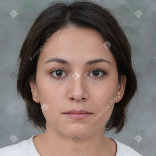 Neutral white young-adult female with medium  brown hair and brown eyes