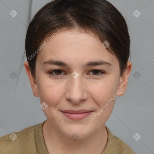 Joyful white young-adult female with short  brown hair and brown eyes