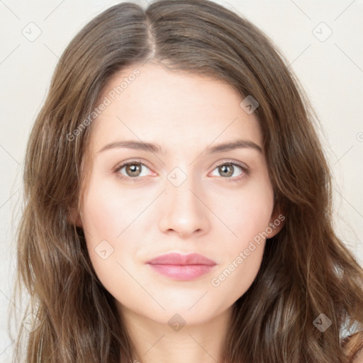 Neutral white young-adult female with long  brown hair and brown eyes