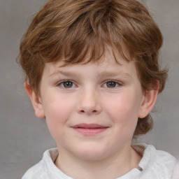 Joyful white child female with medium  brown hair and grey eyes