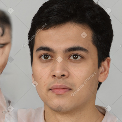 Neutral latino young-adult male with short  black hair and brown eyes