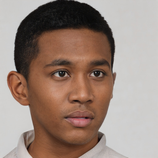 Neutral black young-adult male with short  brown hair and brown eyes